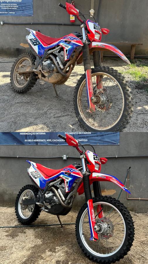 Honda CRF 230 suja e depois limpa, vista lateral