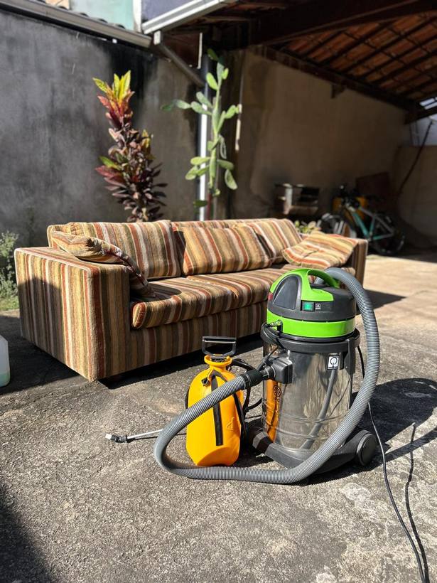 Sofá listrado ao lado da extratora e do pulverizador da Garage CleanCar
